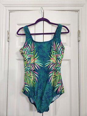 EUC Land's End Leaf Print Teal One-Piece Swimsuit